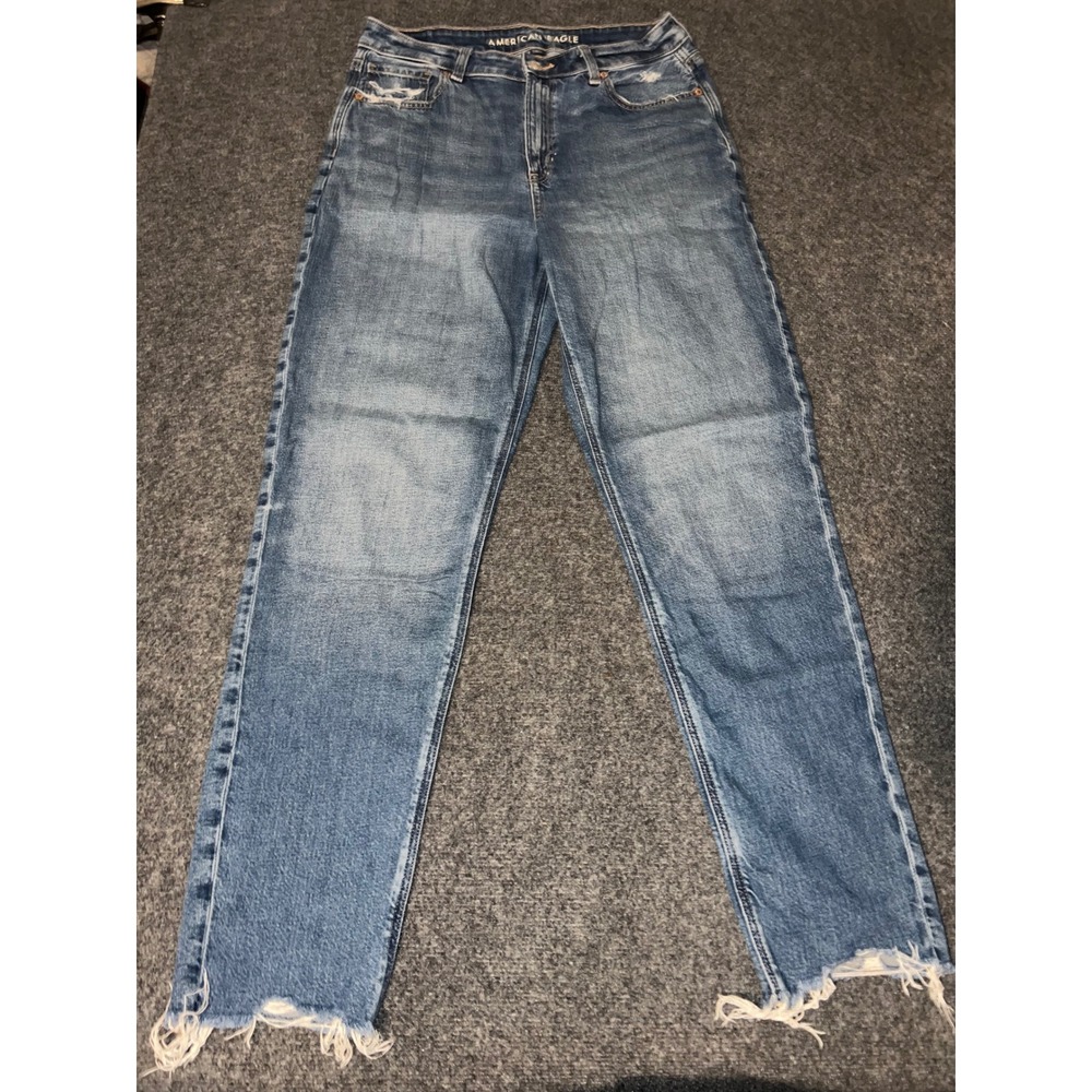 American Eagle Mom Jean Size 10 Long Blue High Rise Raw Hem Strigid Denim